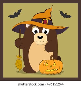 Bear in hat with a broom