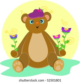 Bear with Hat and Flowers Vector