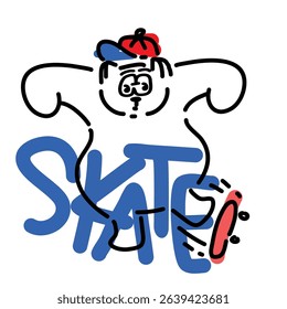 Bear in hat loves skateboarding, white background, kid, lover, textile, cute, shirt, skater, style, merchandise, print, sticker, digital need, etc. Graphic vector illustration.isolated, icon, happy, 
