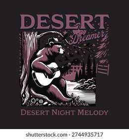 A bear in a hat plays an acoustic guitar by a river under a starry desert sky