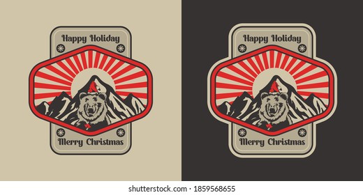 Bear with Hat Santa on Mountain and Moon Background Vintage Christmas Badge Design Illustration Isolated Vector
