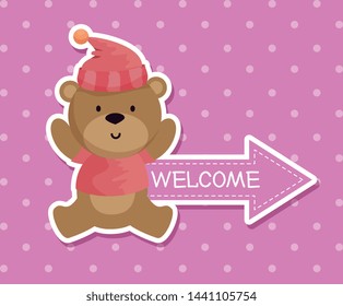 bear with hat and shirt with arrow message