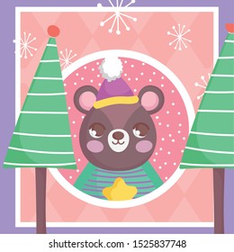 bear with hat trees snowflakes merry christmas tag vector illustration