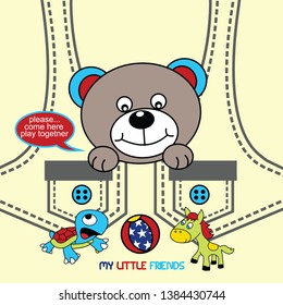 the bear is having fun with friends, cartoon vector illustration