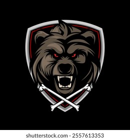 Bear Head With angry face in shield and crosbone vector illustration