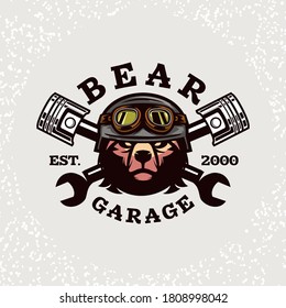 Bear head auto repair and custom Garage logo. Design element for company logo, label, emblem, sign, apparel or other merchandise. Scalable and editable Vector illustration.