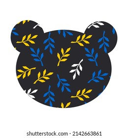 Cabeza de oso con ramitas azules y amarillas sobre un fondo negro. Patrón de resorte lindo para la tarjeta del Día de la Madre. Protección de los animales. Vector.