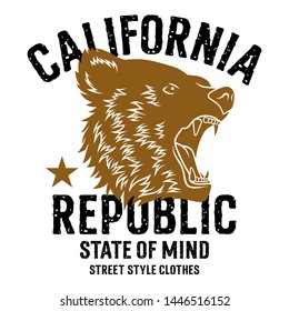 Bear head. California Republic t-shirt design. Trendy Graphic Tee