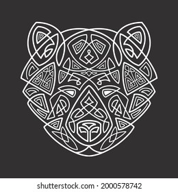 Bear head Celtic style, T-shirt typography design, wild animal graphic print. Vector illustration.