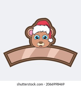 Bear Head Character Logo, icon, watermark, badge, emblem and label with Christmas Hat. Vector And Illustration.