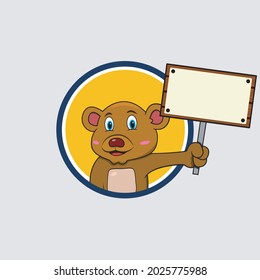 Bear Head Circle Label With Blank Sign Wood, Yellow Colors Background, Mascot, Icon, Character or Logo, Vector and Illustration.
