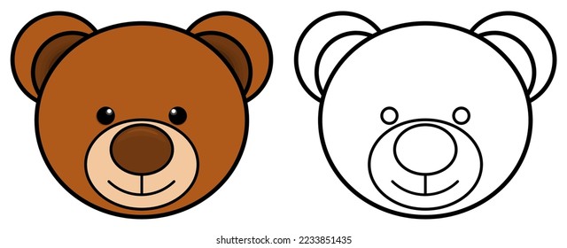 Bear head colorful and black and white. Coloring book page for children. Colored and outline vector illustration isolated on white background.