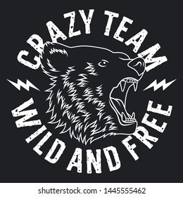 Bear head. Crazy Team California  t-shirt design. Trendy Graphic Tee