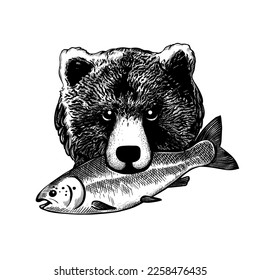 Bear head with fish. Hand drawn vector illustration.Black and white isolated image in vintage style.
  