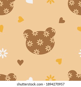 Bear head in flowers on a beige background. Seamless pattern for textiles, clothing, covers, gliders, wrapping paper. Vector illustration.