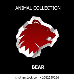 Bear head geometric red silhouette isolated on black. Low poly illustration for poster, clothes, t-shirt design, brand logo.