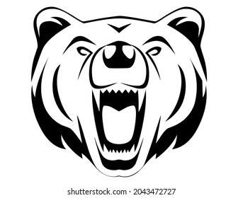 Bear head, grizzly head, wild animal living in forest, wildlife, beast, predator, carnivore, mammal, vector, illustration emblem, in black and white color, isolated on white background