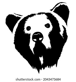 Bear head, grizzly head, wild animal living in forest, wildlife, beast, predator, carnivore, mammal, vector, illustration emblem, in black and white color, isolated on white background