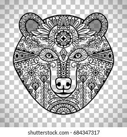 Bear head. Hand drawn doodle bear face, vector illustration isolated on transparent background