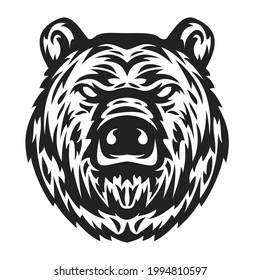 Cabecera de oso en boceto dibujado a mano estilo monocromo aislado en fondo blanco. Elemento de diseño gráfico moderno para etiqueta o impresión. Ilustración de arte vectorial.