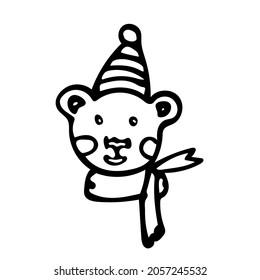 Bear head with hat and scarf in cartoon style. Festive childrens illustration for postcards, posters.