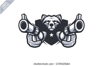 Bärenkopf mit zwei Waffen, taktisches Team, Airsoft Pistole oder Paintball Club Logo. Gestaltungselement für Firmenlogo, Etikett, Emblem, Bekleidung oder andere Waren. Skalierbare und bearbeitbare Vektor-Darstellung