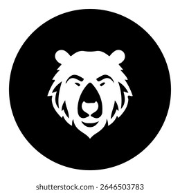 A bear head icon in the center. Isolated white symbol in black circle. Vector illustration on white background