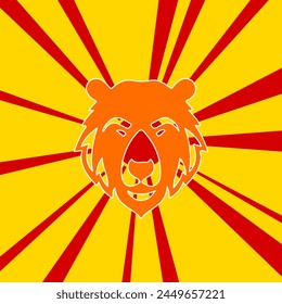 Bear head icon on a background of red flash explosion radial lines. The large orange symbol is located in the center of the sun, symbolizing the sunrise. Vector illustration on yellow background