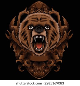 bear head illustration with baroque ornament