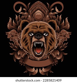 bear head illustration with baroque ornament