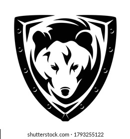 cabeza de oso en el escudo heráldico de hierro para el concepto de seguridad el escudo vectorial blanco y negro de los brazos