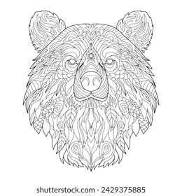 Bear head line art for children or adult coloring book. Vector graphic, coloring page. Hand-drawn with ethnic floral doodle pattern. Zendala, spiritual relaxation. Zen doodles