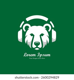 Bear head logo design wearing headphones with elegant shape