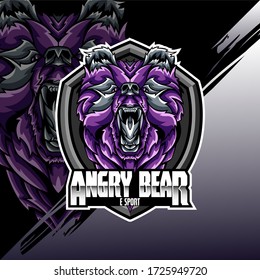 Logo-Maskottchen mit Bärenkopf auf Schild. College-Sportteams, E-Sport, Schullogo, Tattoo, Avatar, Print-T-Shirt. Das Design des Charakters eines wilden und wilden Tieres. Vektor-Abbildung