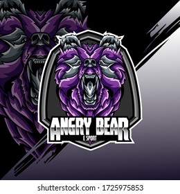 Bear Head Logo Mascot Emblem on shield. college sports teams, e-sport, school logo, tattoo, avatar, print t-shirt. The design of the character of a wild and beast. Vector illustration