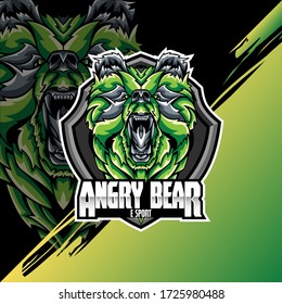 Bear Head Logo Mascot Emblem on shield. college sports teams, e-sport, school logo, tattoo, avatar, print t-shirt. The design of the character of a wild and beast. Vector illustration