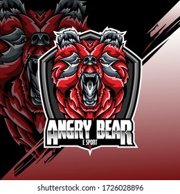 Bear Head Logo Mascot Emblem on shield. college sports teams, e-sport, school logo, tattoo, avatar, print t-shirt. The design of the character of a wild and beast. Vector illustration