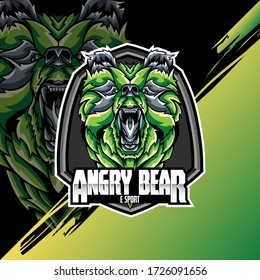 Bear Head Logo Mascot Emblem on shield. college sports teams, e-sport, school logo, tattoo, avatar, print t-shirt. The design of the character of a wild and beast. Vector illustration