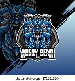 Logo-Maskottchen mit Bärenkopf auf Schild. College-Sportteams, E-Sport, Schullogo, Tattoo, Avatar, Print-T-Shirt. Das Design des Charakters eines wilden und wilden Tieres. Vektor-Abbildung
