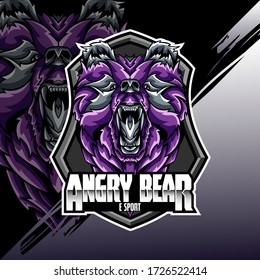 Bear Head Logo Mascot Emblem on shield. college sports teams, e-sport, school logo, tattoo, avatar, print t-shirt. The design of the character of a wild and beast. Vector illustration