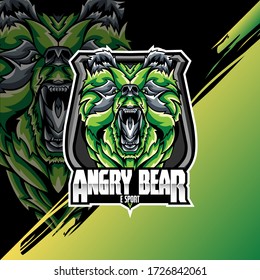 Emblema de mascota con logotipo de la cabeza del oso sobre el escudo. equipos deportivos universitarios, e-sport, logo escolar, tatuaje, avatar, camiseta impresa. El diseño del carácter de una bestia salvaje. Ilustración del vector