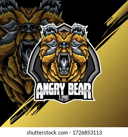 Bear Head Logo Mascot Emblem on shield. college sports teams, e-sport, school logo, tattoo, avatar, print t-shirt. The design of the character of a wild and beast. Vector illustration