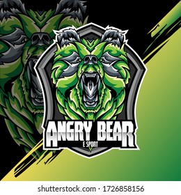 Bear Head Logo Mascot Emblem on shield. college sports teams, e-sport, school logo, tattoo, avatar, print t-shirt. The design of the character of a wild and beast. Vector illustration