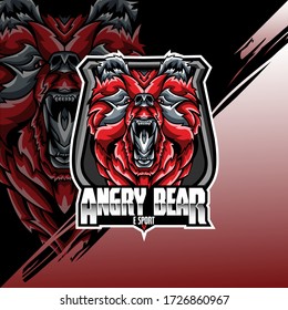 Bear Head Logo Mascot Emblem on shield. college sports teams, e-sport, school logo, tattoo, avatar, print t-shirt. The design of the character of a wild and beast. Vector illustration