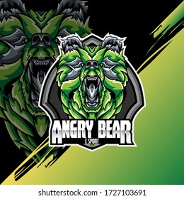 Bear Head Logo Mascot Emblem on shield. college sports teams, e-sport, school logo, tattoo, avatar, print t-shirt. The design of the character of a wild and beast. Vector illustration