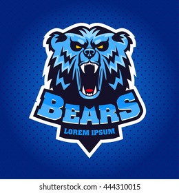 Bear Head Logo Mascot Emblem on shield. Talisman college sports teams, e-sport, school logo, tattoo, avatar, print t-shirt. The design of the character of a wild grizzly. Vector illustration.