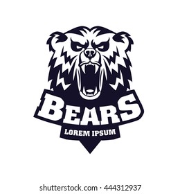 Bear Head Logo Mascot Emblem on shield. Talisman college sports teams, e-sport, school logo, tattoo, avatar, print t-shirt. The design of the character of a wild grizzly. Vector illustration.