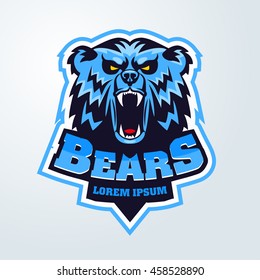 Bear Head Logo Mascot Emblem On Shield. Talisman College Sports Teams, E-sport, School Logo, Tattoo, Avatar, Print T-shirt. The Design Of The Character Of A Wild Grizzly. Vector Illustration.