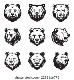 Bear head logo, silhouette set, black icon, mascot, bear silhouette, animals vector illustration