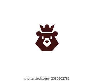 Bear head logo template with love nose square eyes and king crown brown concept